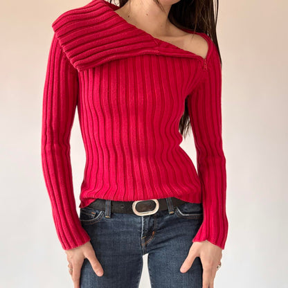 Y2K Red Asymmetrical Zip Sweater (XS/S)
