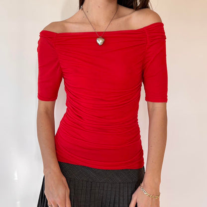 Cherry Silk Mesh Off Shoulder Top (S)