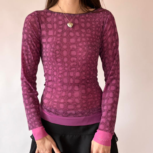 Y2K Graphic Mesh Longsleeve Top (S/M)