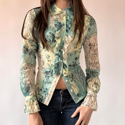 Y2K Ruffly Lace Button Up Blouse (S)
