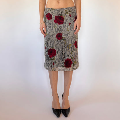 90s Snakeskin & Rose Mesh Midi Skirt (M)