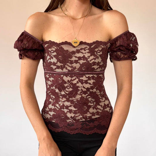 Y2K Burgundy Lace Off Shoulder Top (XS)