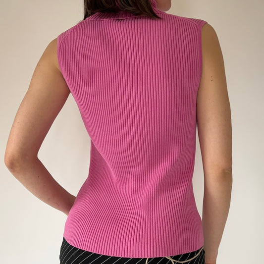 2000s Pink Silk Ribbed Sleeveless Turtleneck (S/M)