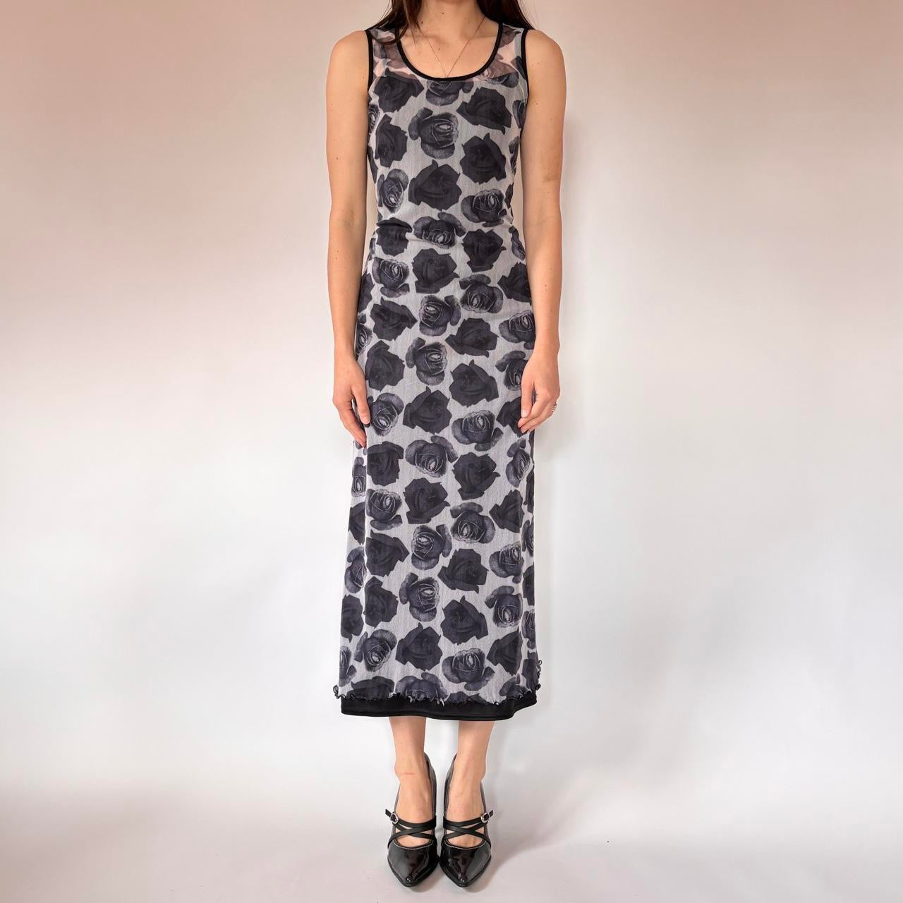 90s Mesh Rose Maxi Dress (M)