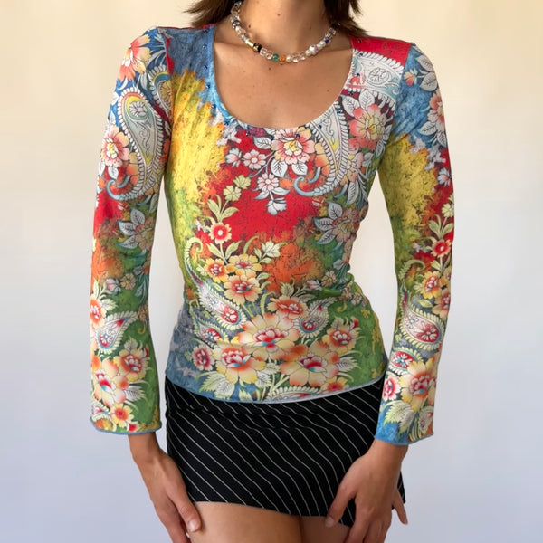 Y2K Rainbow Floral Top (S)