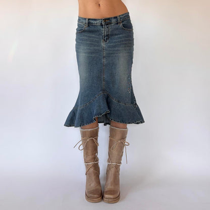 Y2K Studded Denim Midi Skirt (S)