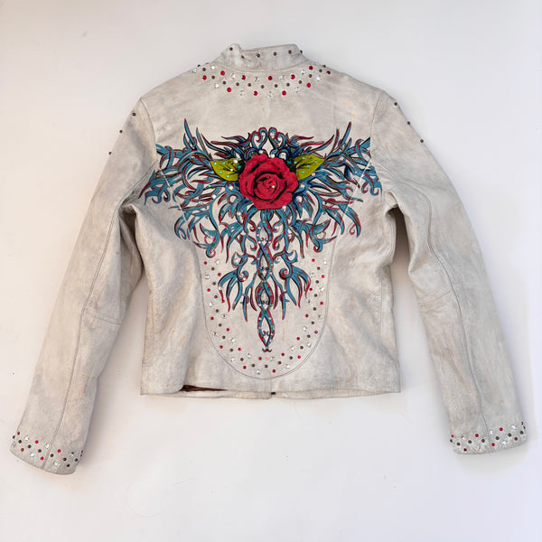 2000s Painted Rose & Studded Leather Jacket (S/M)