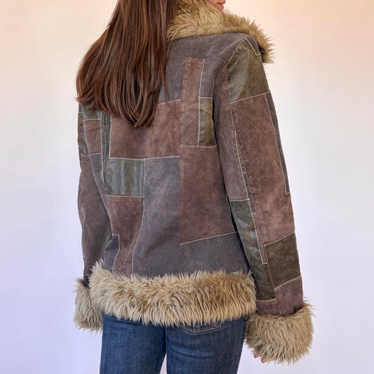 Y2K Patchwork Leather & Faux Fur Jacket (M)