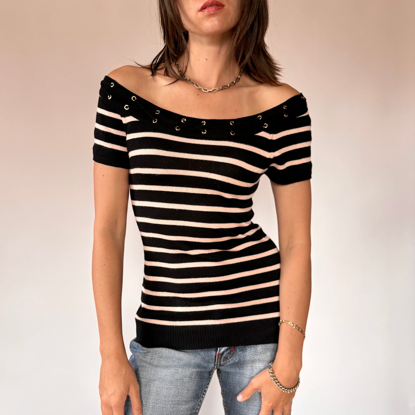 Y2K Striped Grommet Top (S)