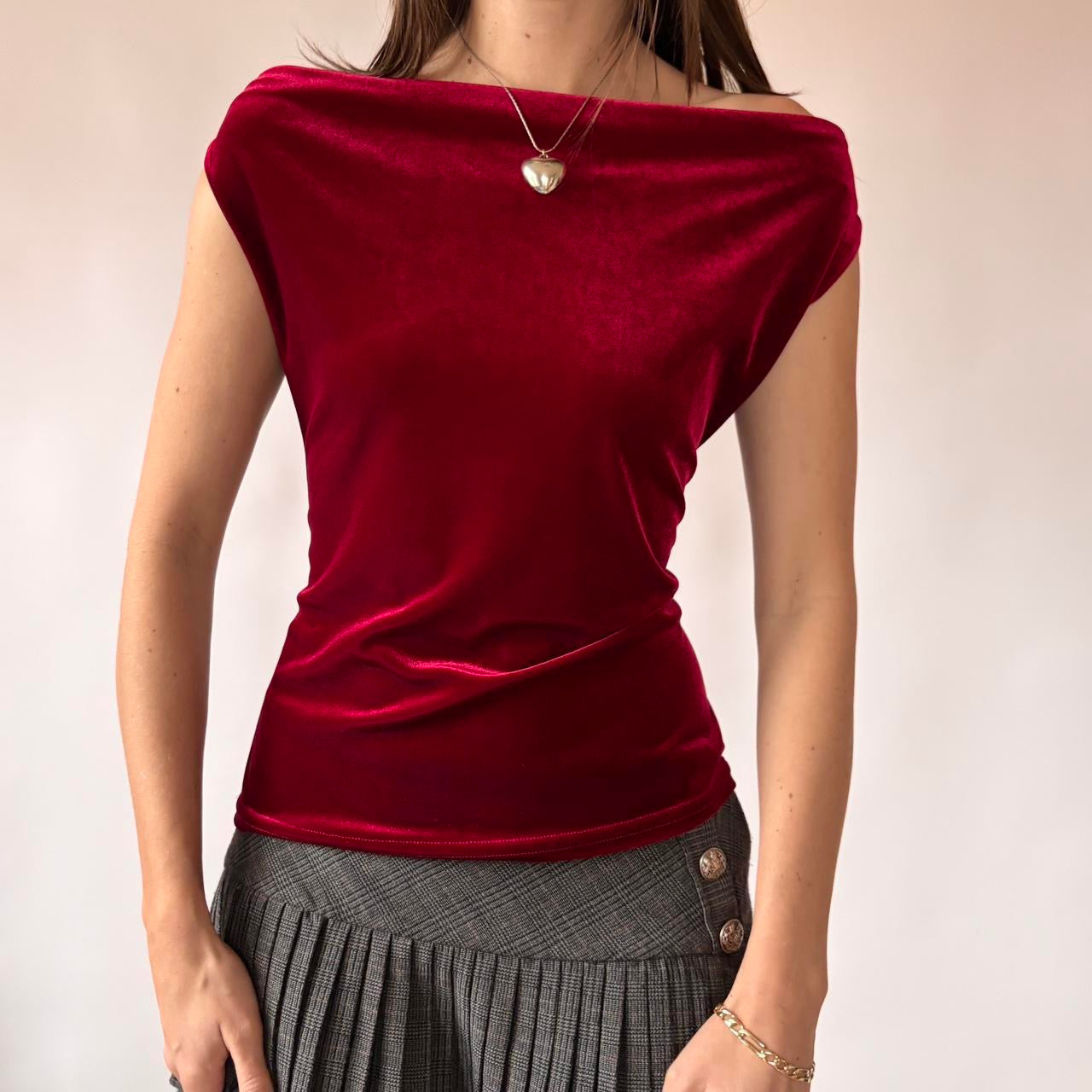 90s Red Velvet Cowl Neck Top (M)