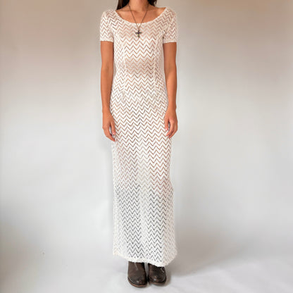 90s Sheer Cream Lace Maxi Dress (S/M)