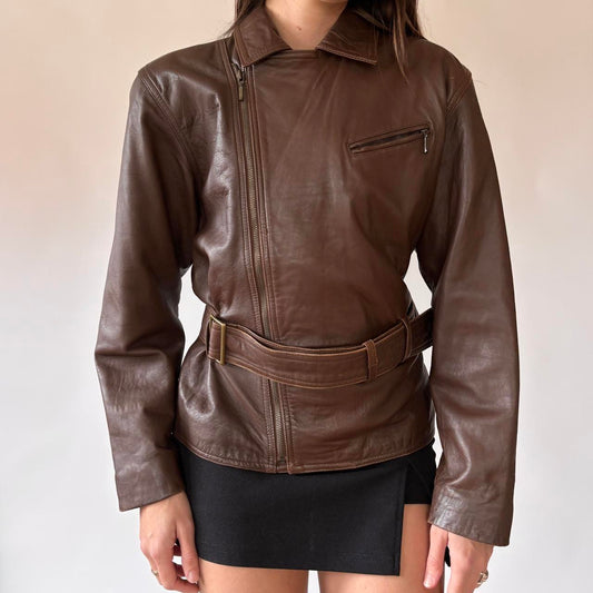 90s Brown Belted Leather Jacket (S/M)