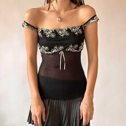Y2K Embroidered Mesh Cami Top (S/M)
