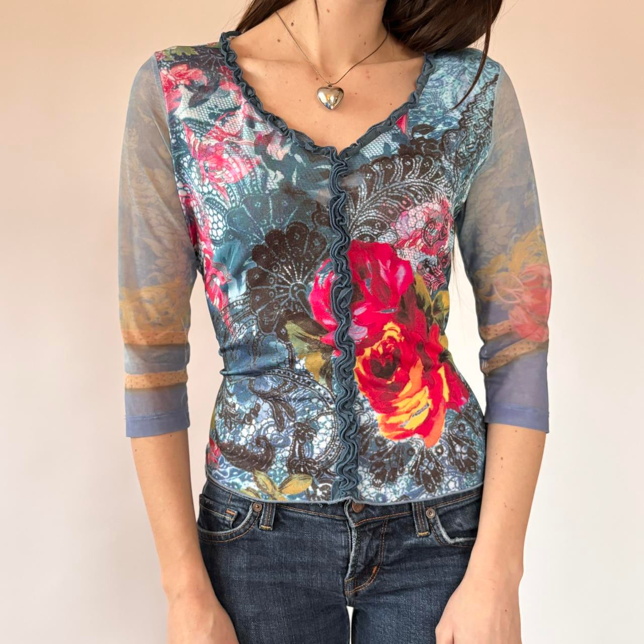 Y2K Floral Mesh Sleeve Top (M/L)