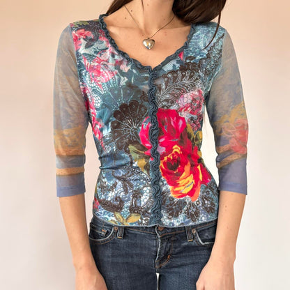 Y2K Floral Mesh Sleeve Top (M/L)