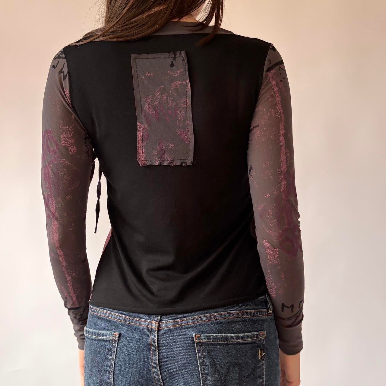 2000s French Graphic Mesh Top (XS/S)