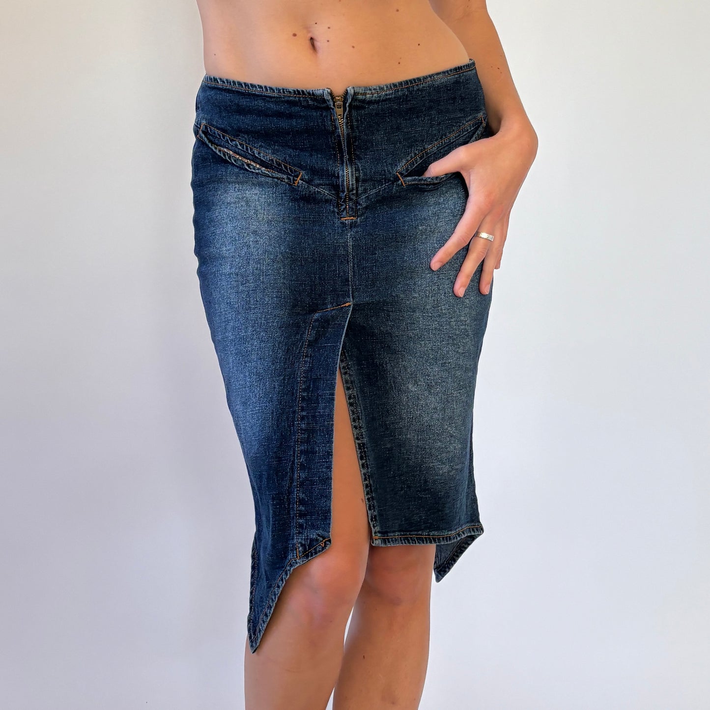 Y2K Asymmetrical Denim Midi Skirt (XS)