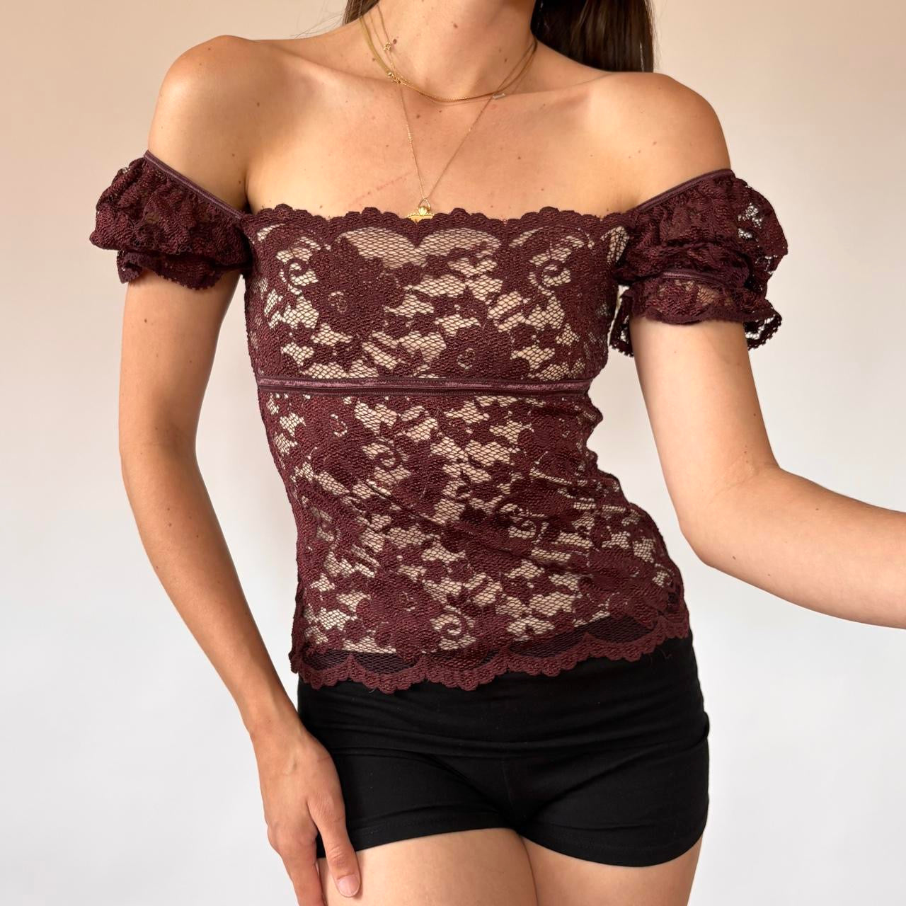 Y2K Burgundy Lace Off Shoulder Top (XS)