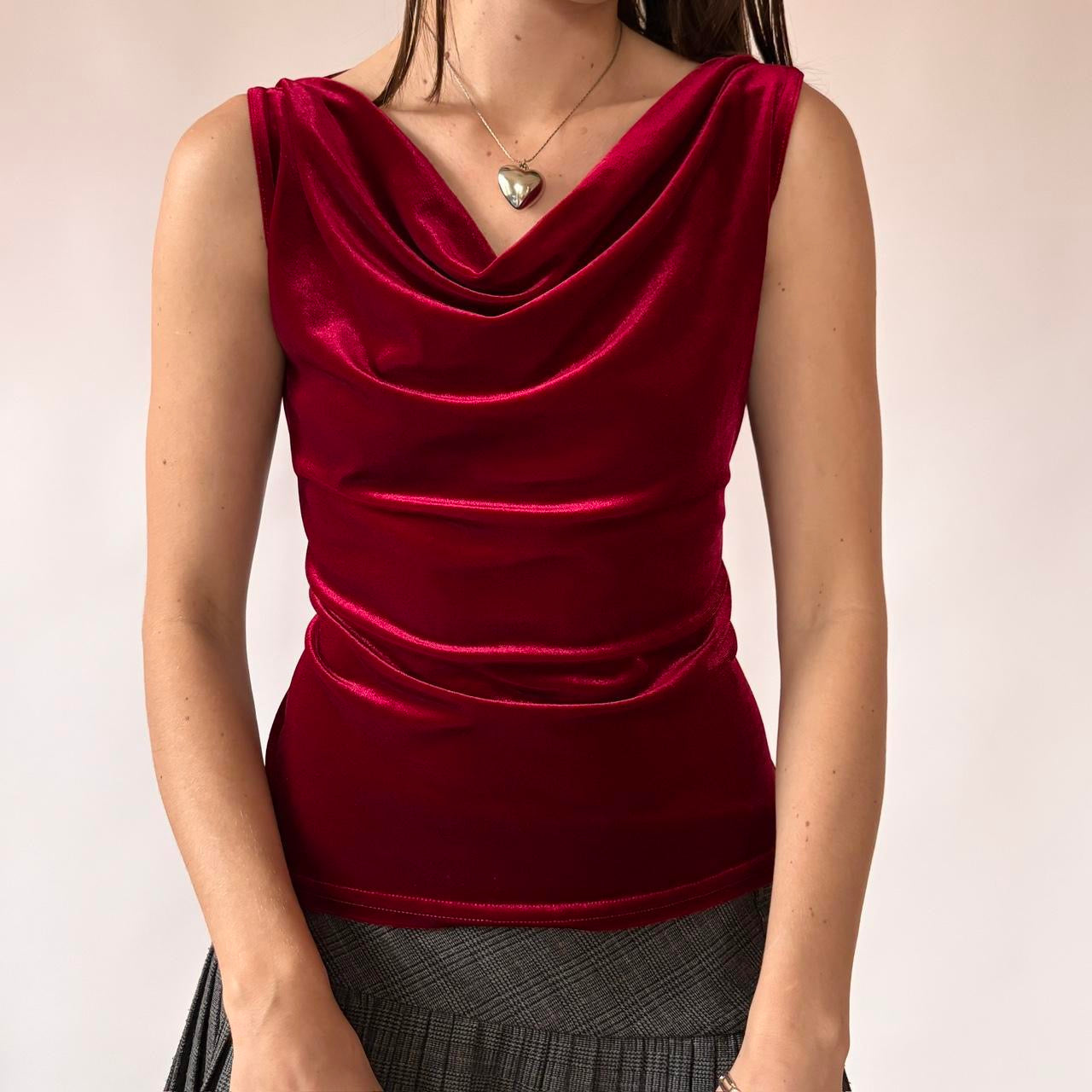 90s Red Velvet Cowl Neck Top (M)