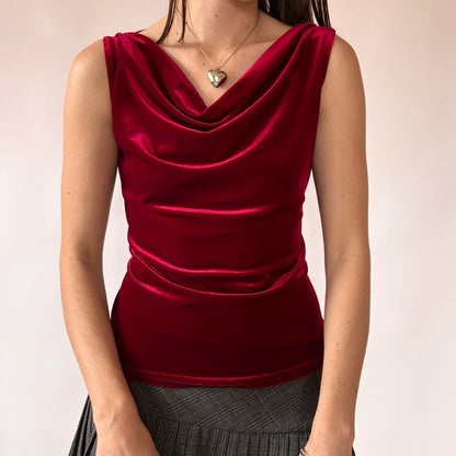90s Red Velvet Cowl Neck Top (M)