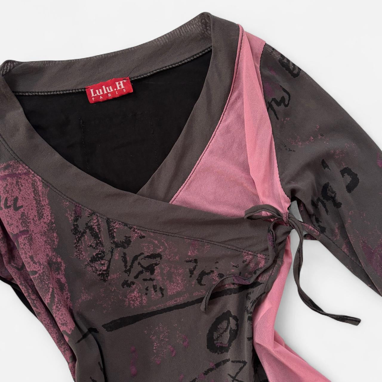 2000s French Graphic Mesh Top (XS/S)