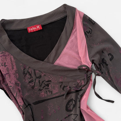 2000s French Graphic Mesh Top (XS/S)