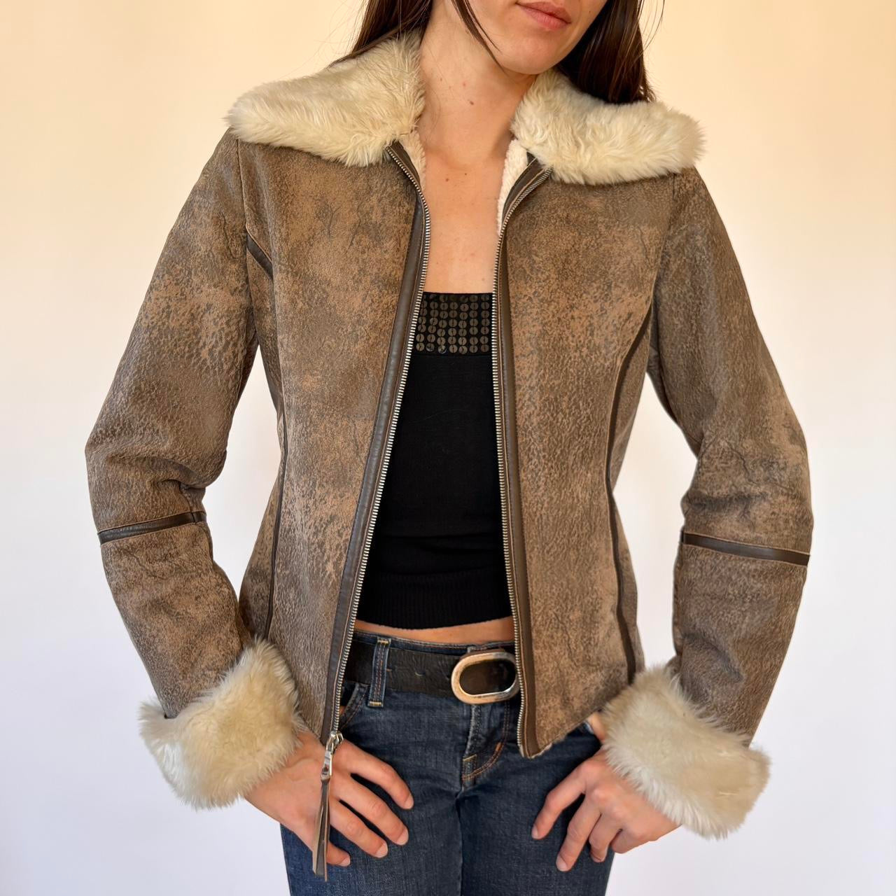 Y2K Leather & Faux Fur Jacket (S)