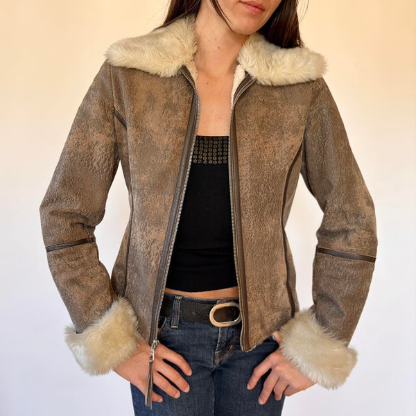 Y2K Leather & Faux Fur Jacket (S)