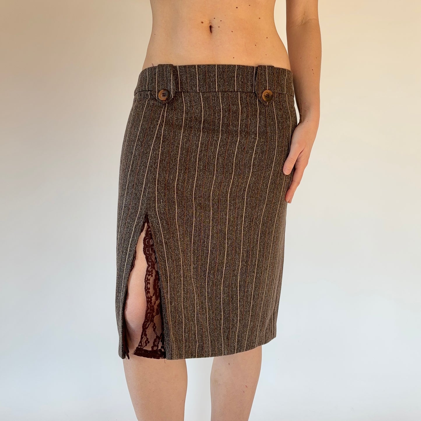 90s Pinstripe & Lace Midi Skirt (S/M)