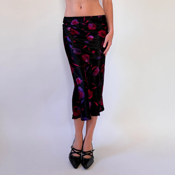 90s Floral Satin Midi Skirt (XS/S)