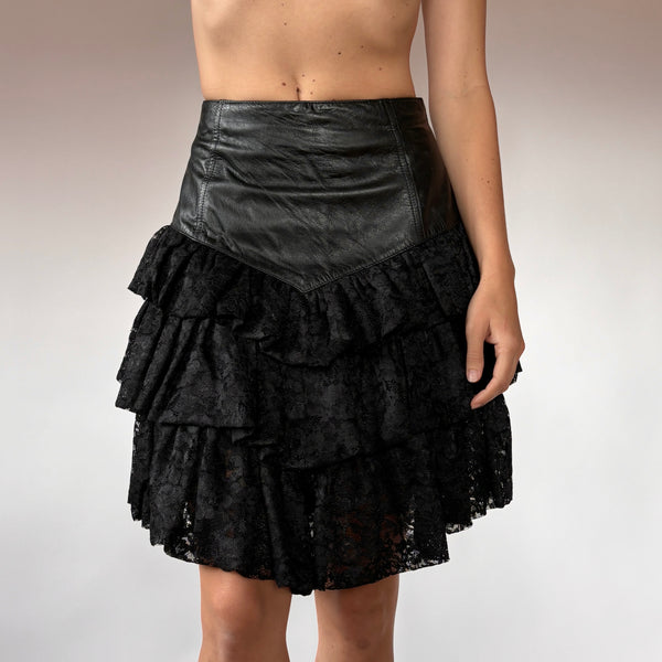 80s Leather & Lace Ruffle Skirt (XXS/XS)