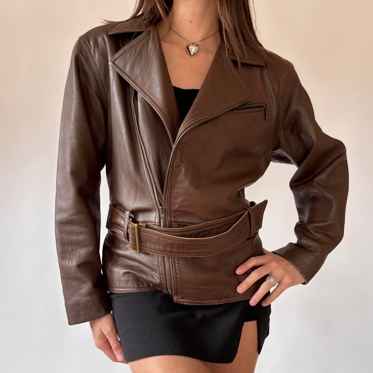 90s Brown Belted Leather Jacket (S/M)