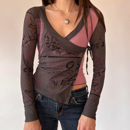 2000s French Graphic Mesh Top (XS/S)