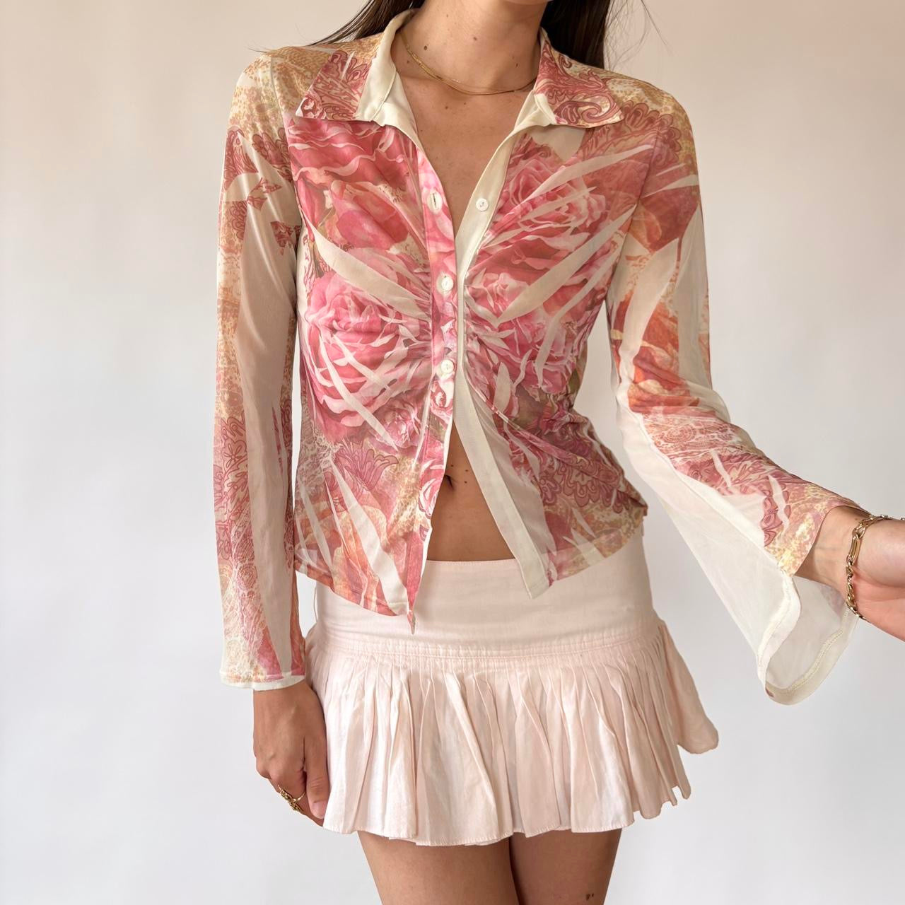 Y2K Mesh Rose Print Blouse (XS/S)