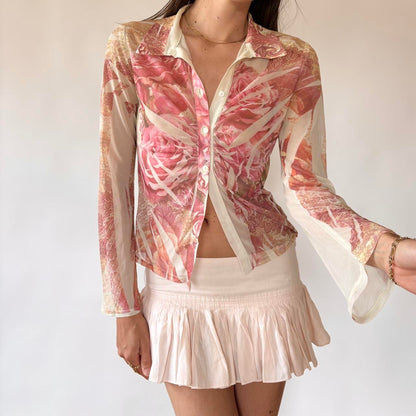 Y2K Mesh Rose Print Blouse (XS/S)