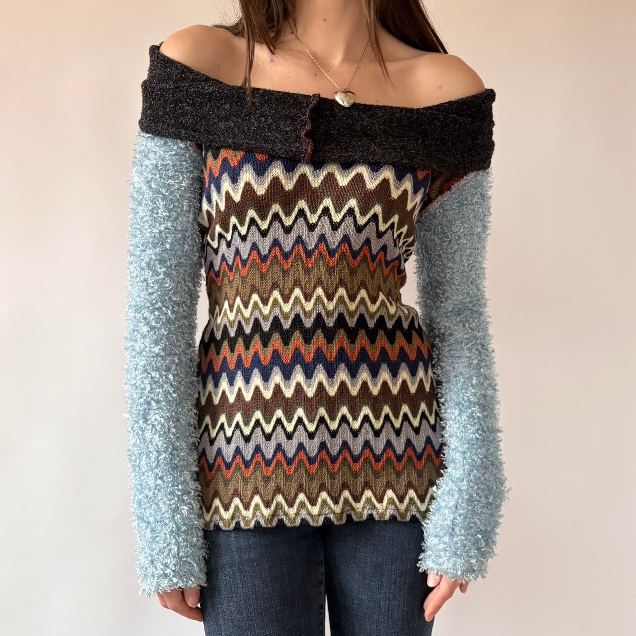 Funky Textured Knit Off Shoulder Sweater (S)