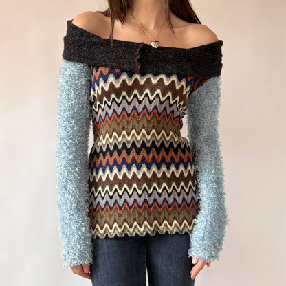 Funky Textured Knit Off Shoulder Sweater (S)