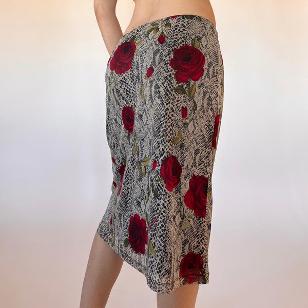 90s Mesh Snakeskin Rose Midi Skirt (L)