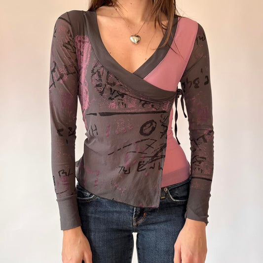 2000s French Graphic Mesh Top (XS/S)
