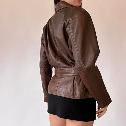 90s Brown Belted Leather Jacket (S/M)