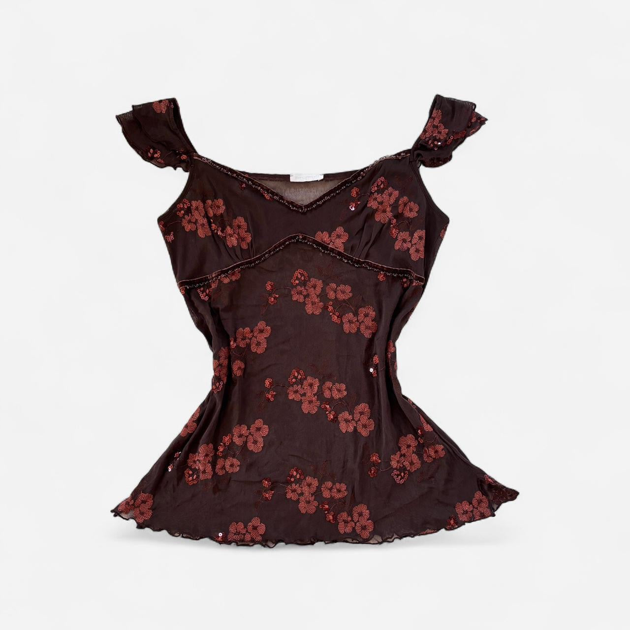 Y2K Embroidered Mesh Sequin Top (XL)