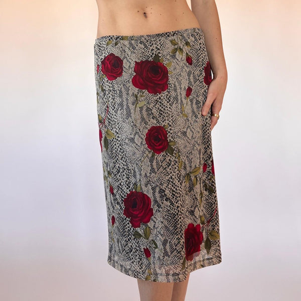 90s Mesh Snakeskin Rose Midi Skirt (L)