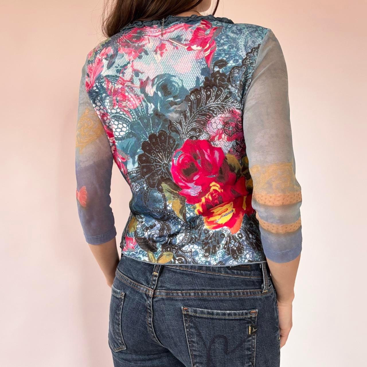 Y2K Floral Mesh Sleeve Top (M/L)