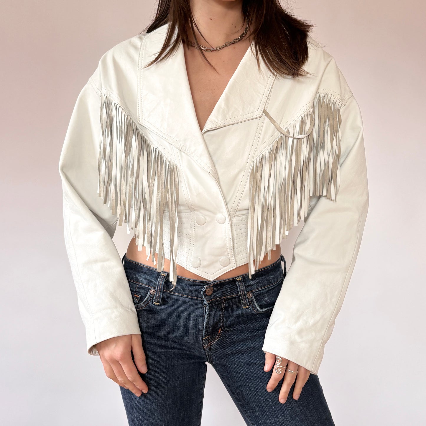 80s White Leather Fringe Jacket (M)