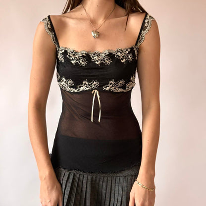 Y2K Embroidered Mesh Cami Top (S/M)