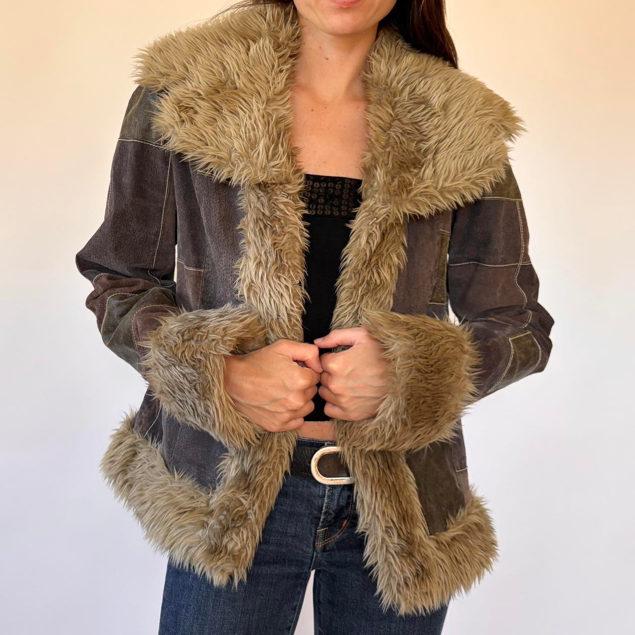 Y2K Patchwork Leather & Faux Fur Jacket (M)