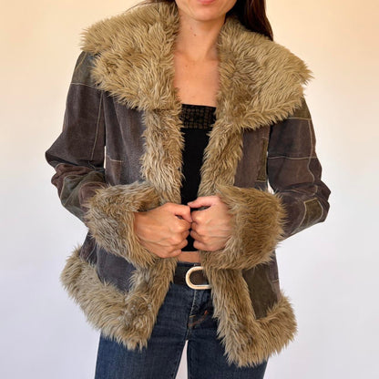 Y2K Patchwork Leather & Faux Fur Jacket (M)