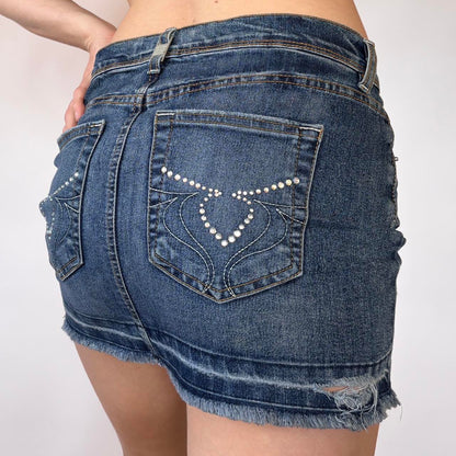 Y2K Rhinestone Pocket Denim Mini Skirt (XS)