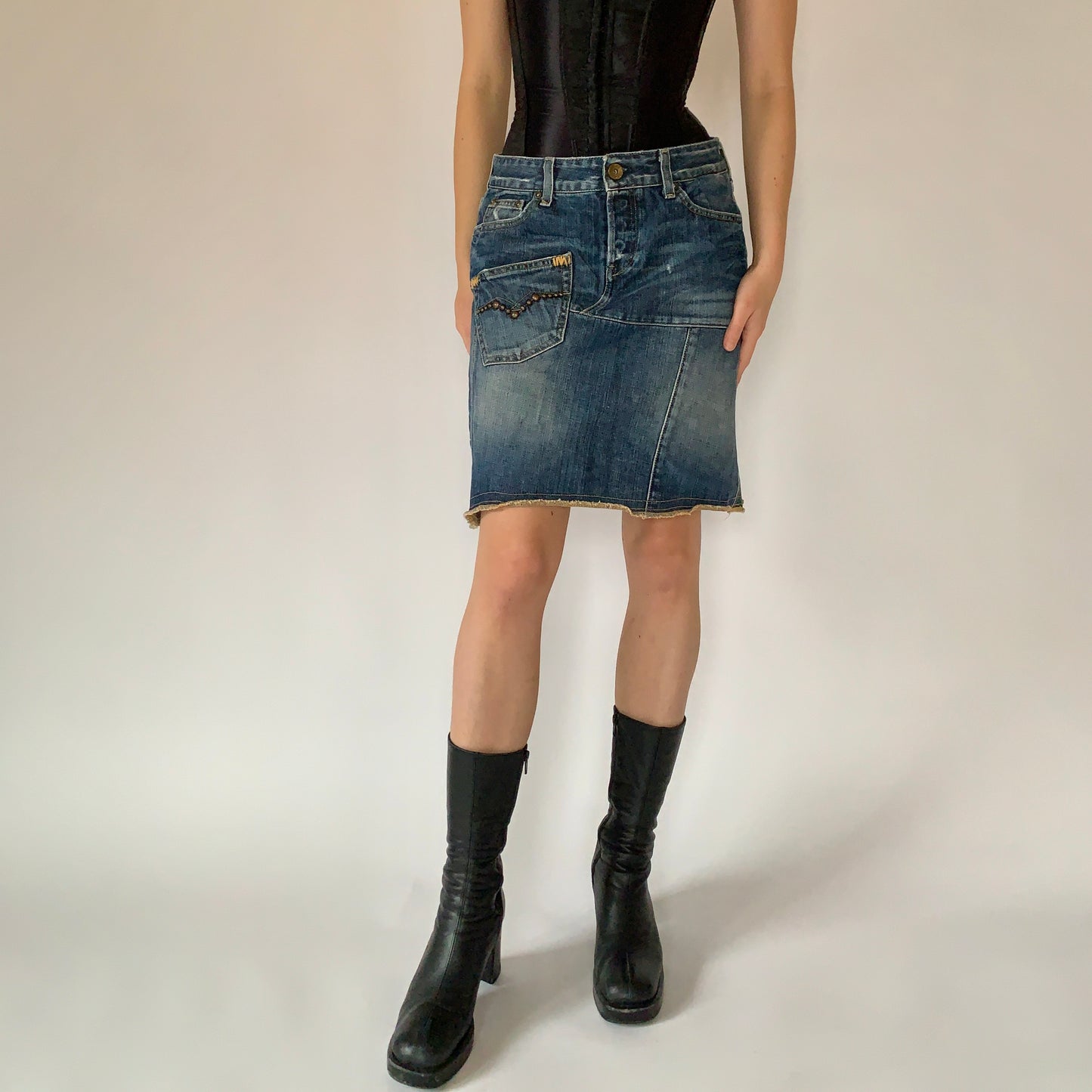 Y2K Patchwork Denim Skirt (M)