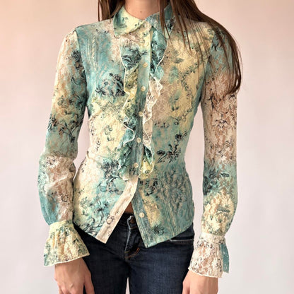 Y2K Ruffly Lace Button Up Blouse (S)
